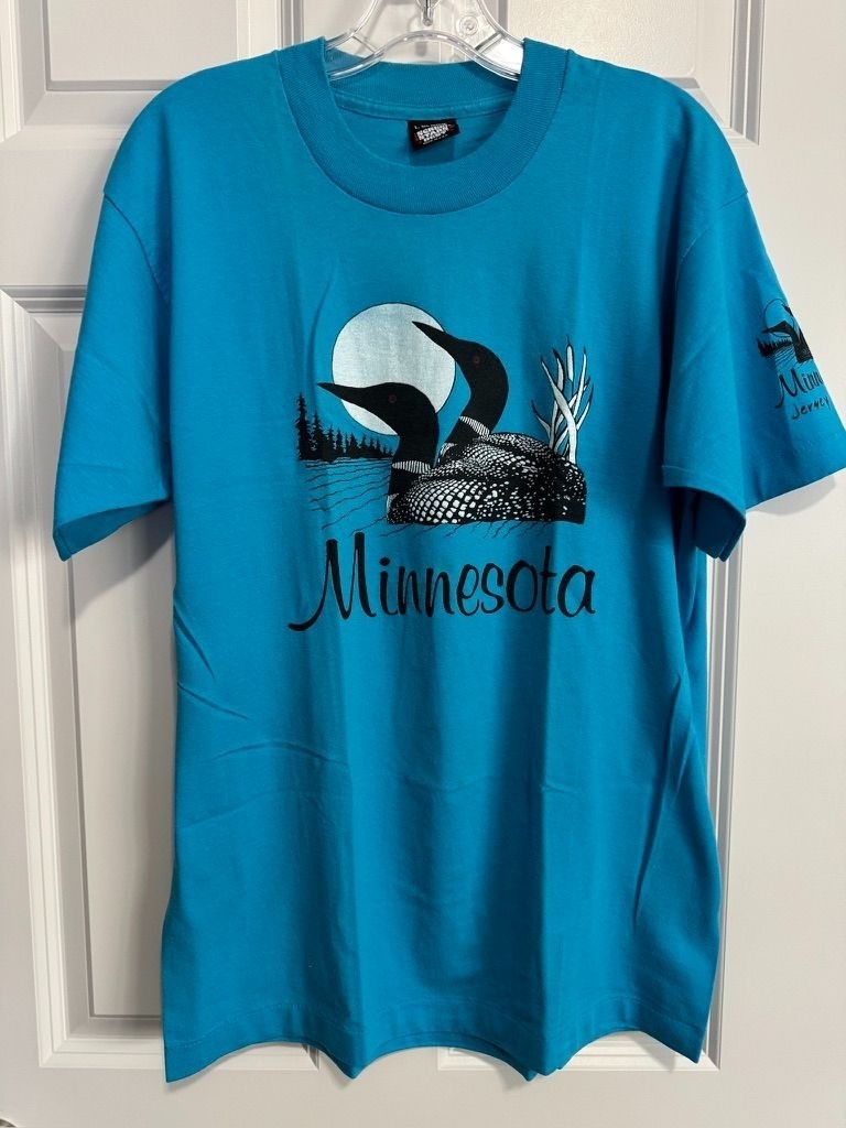 Vintage 90s Minnesota Loon Graphic Shirt Screen Stars Best Aqua Blue Size Large