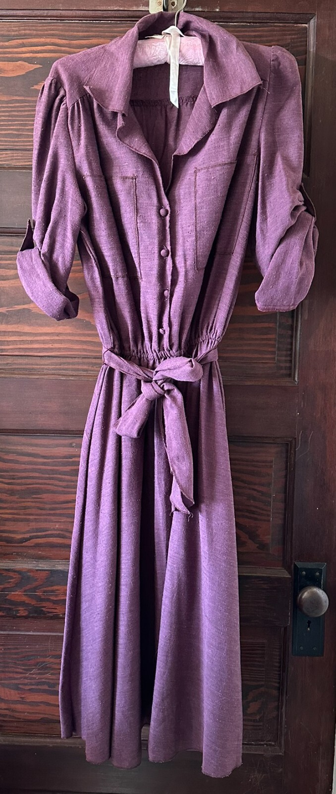 Vintage 70’s Folk Dress Nubby Fabric Roll Tab Sleeves Pockets Purple Aprox Small