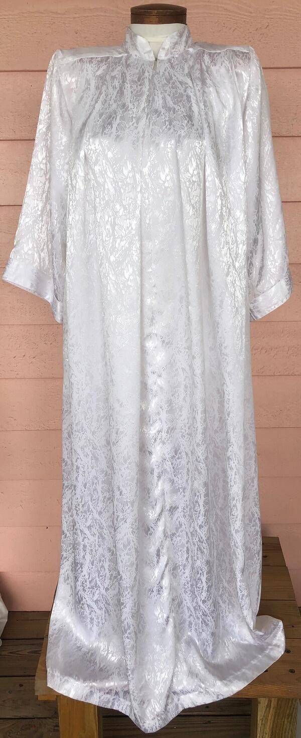 RAZA MAXI GOWN Sz Tall Shimmery White on White 2 Pockets Zip Front Bust 55″ FAB