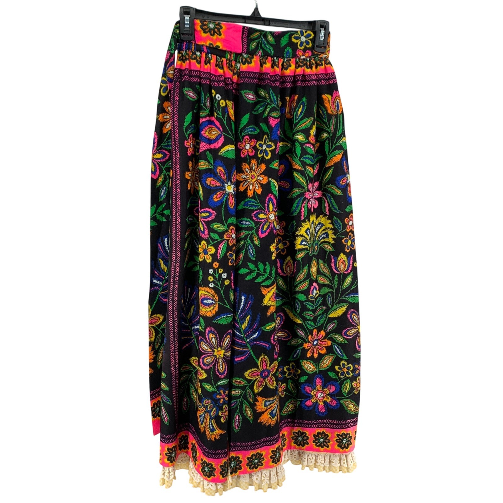 Vintage Joseph Magnin Floral Wrap Skirt Black Neon Pink Gingham Lined Boho 9