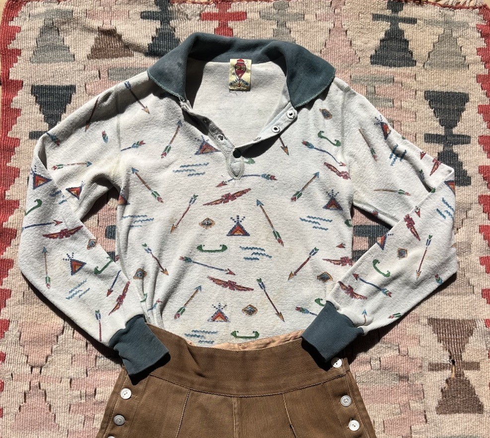 Vintage 60s Cowboy Western Native American Camp Long Sleeve Thermal T Shirt XS