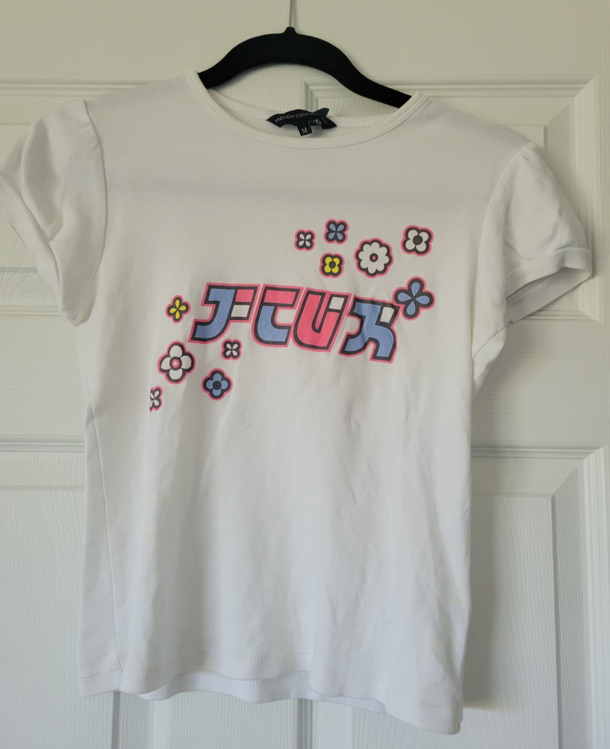 Vintage French Connection FCUK Graphic Flowers Print White T-Shirt Size M RARE