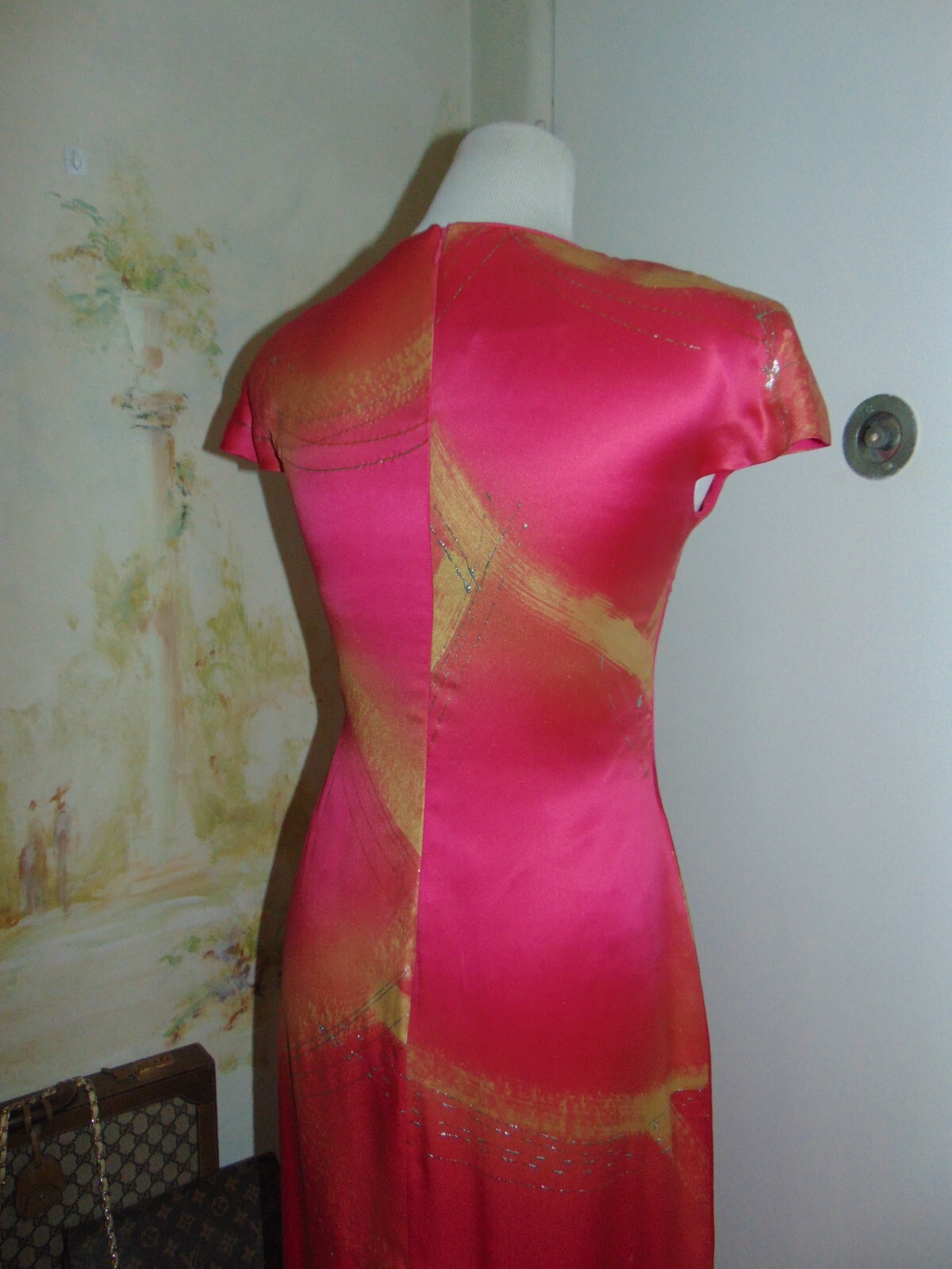 William Pearson Designer Vintage Dress Cheongsam Slit Rose Pink Gold Silver sz 6