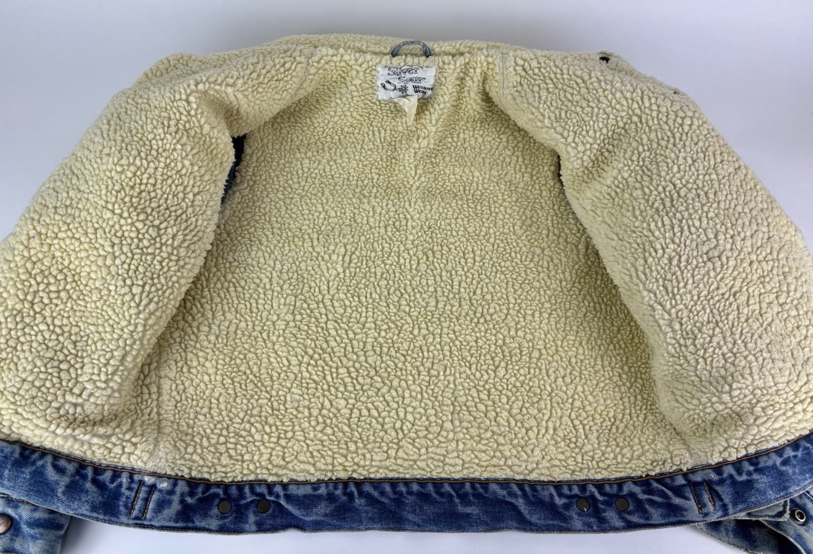 Vtg Silver Spur Western Wear Denim Sherpa Cowboy Jacket Women’s M Trucker Patina