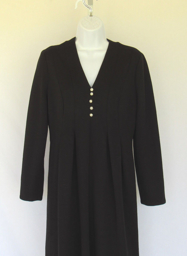 VTG 1960s DAVID WARREN NEW YORK DRESS BLACK RHINESTONE BUTTONS SIZE 14 POLY WOOL