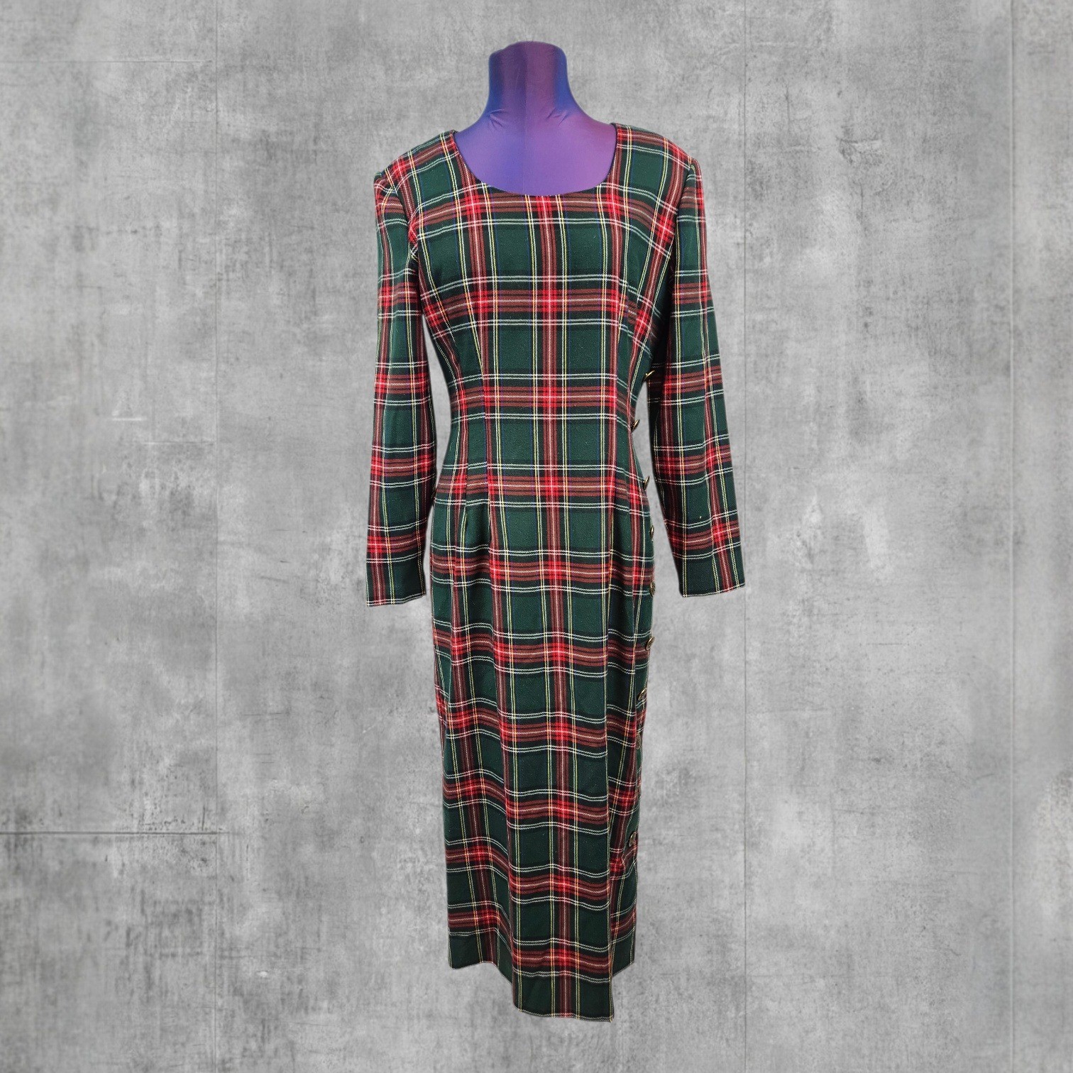 Vintage Misty Lane Tartan Plaid Maxi Dress Gold Crest Buttons Made in USA Size 8