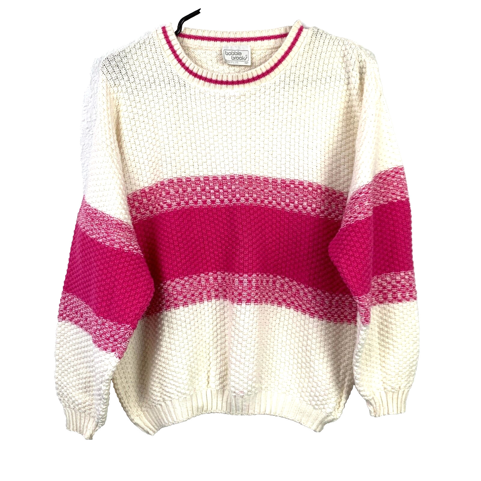 Vintage 90s Bobbie Brooks Pink Off White Knit Sweater Medium Made in USA