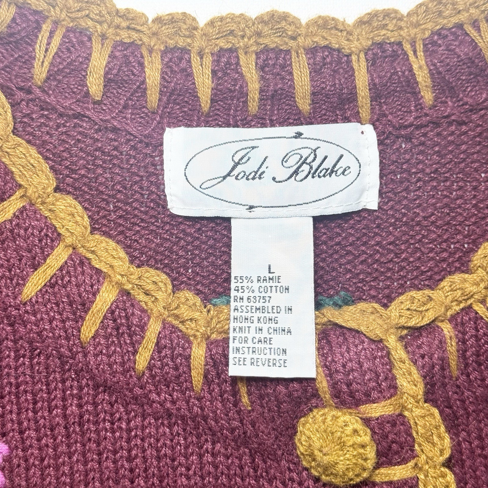 Jodi Blake Embroidered Cardigan L Fall Beaded Knit Folk Art to Wear Maximalist