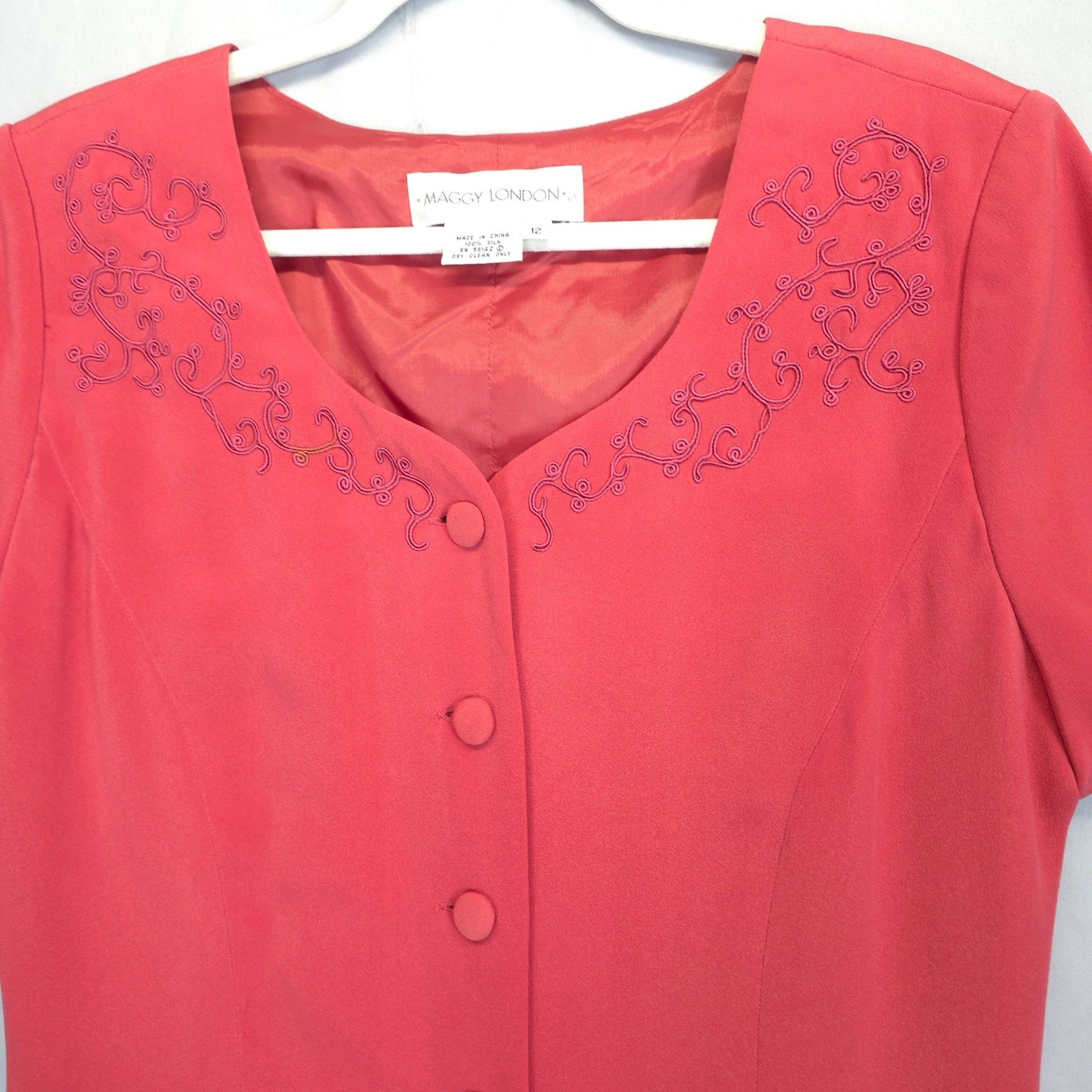 Maggy London Silk Dress Women 12 Coral Pink Embroidered Button Front Midi Church