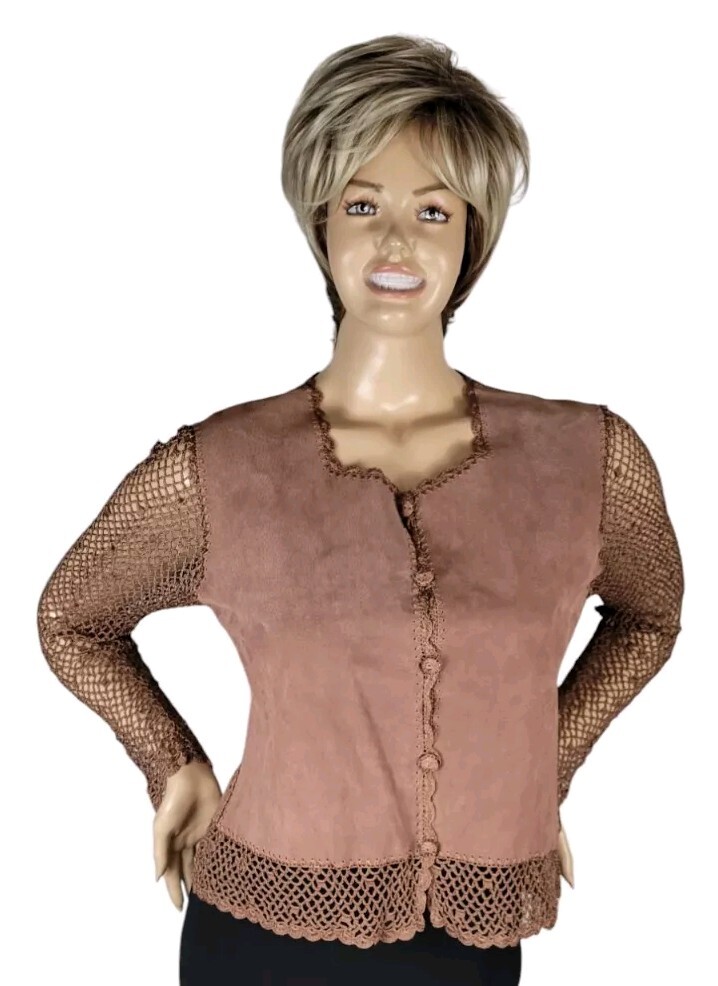 Vtg Y2K Kroshetta By Papillon Brown Leather Suede Crochet Boho Cardigan Top M