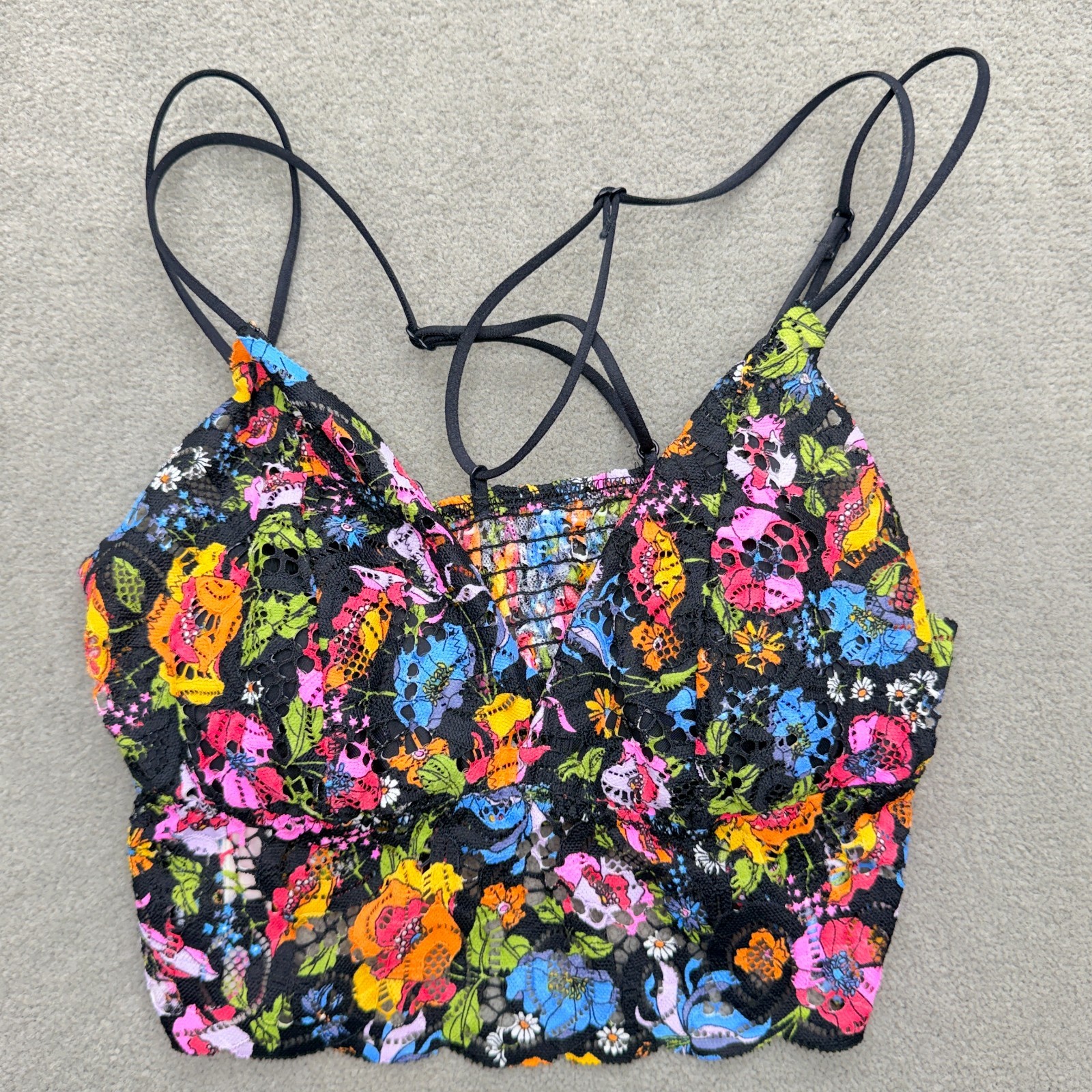 Victoria’s Secret ” Pink ” Bralette Floral Womens Sz Small Black Leather Straps