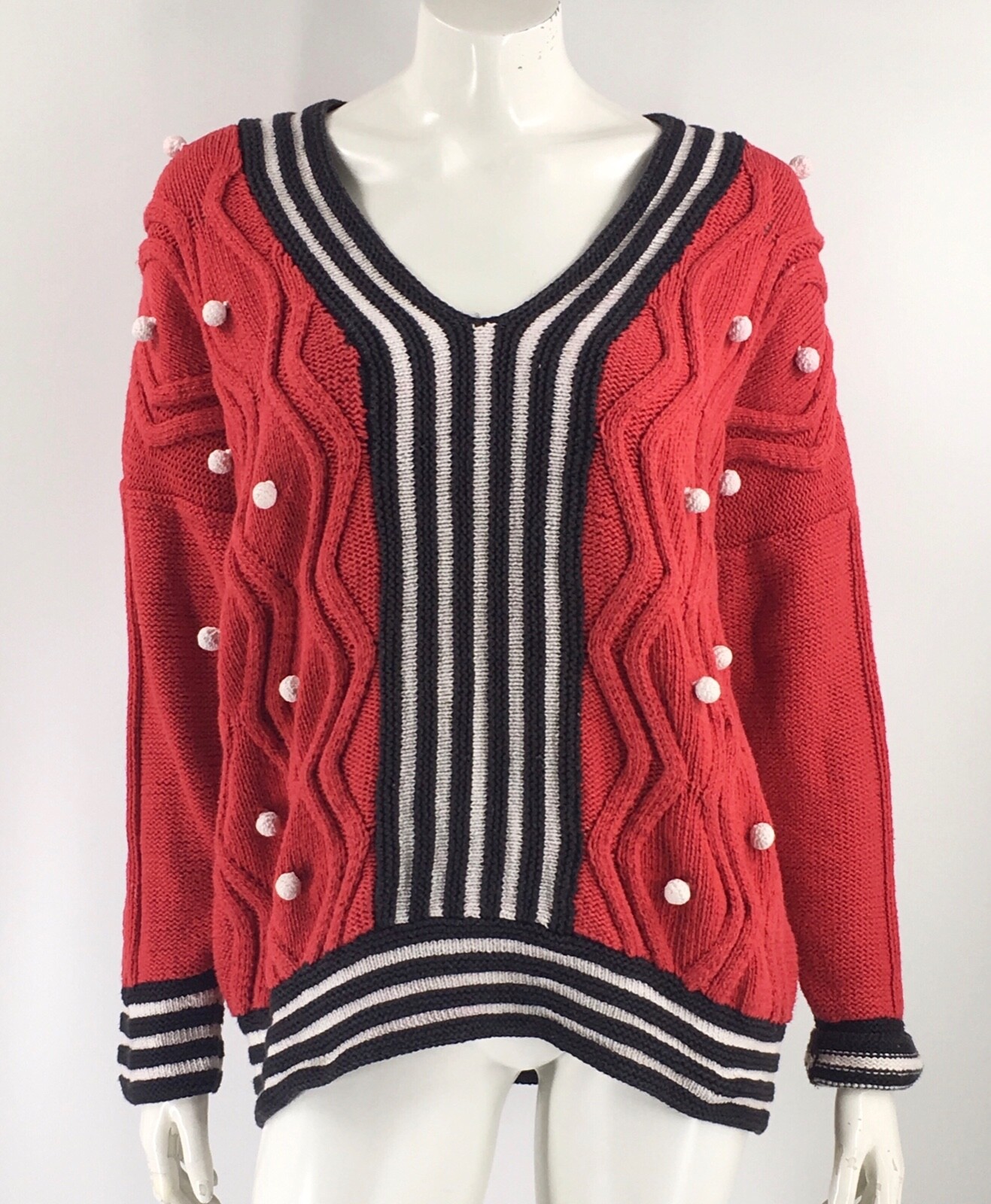 VTG 90s Anne Klein Sweater Sz Large Red White Black Pom Pom Oversize Cable Knit