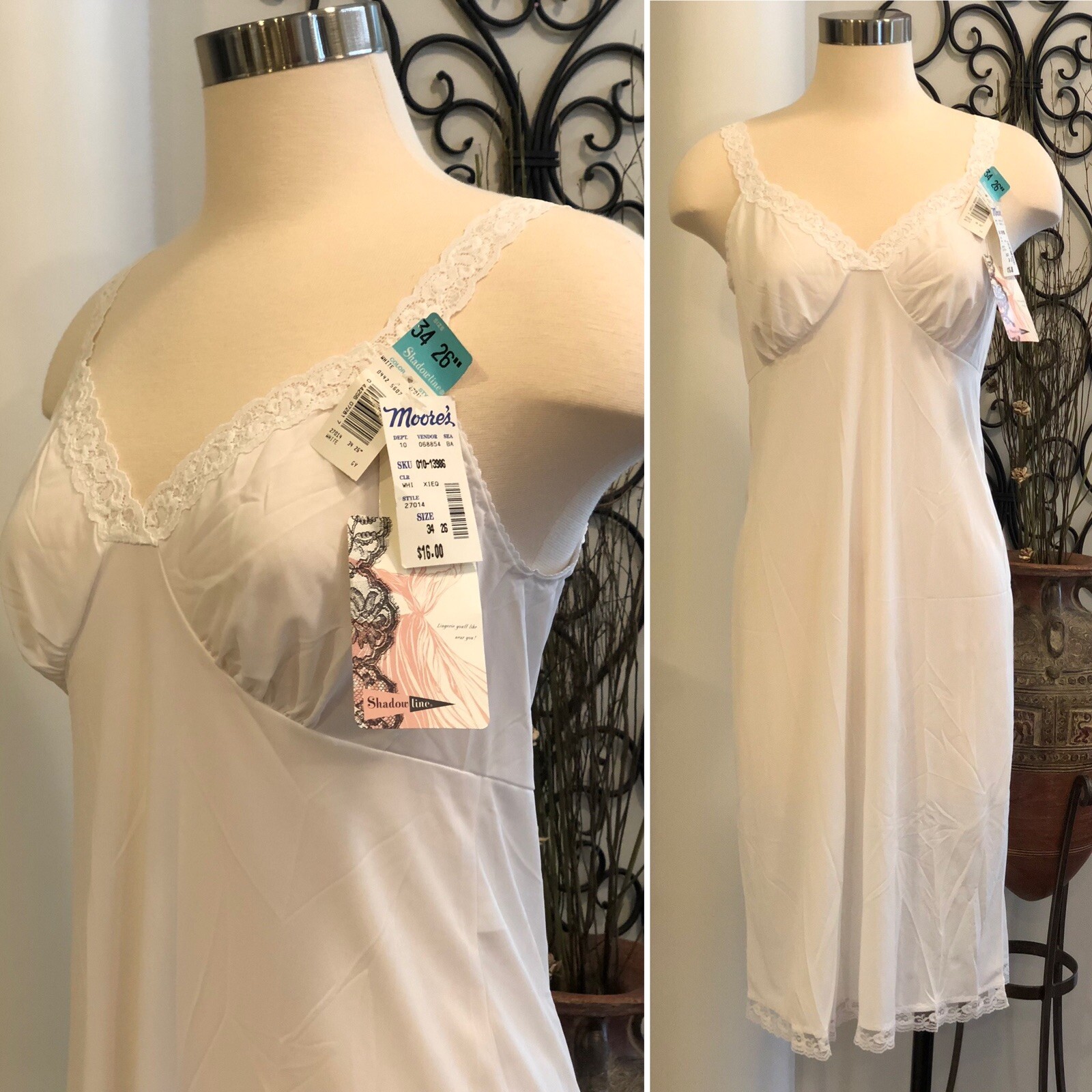 Vintage Full Slip Size 34 SHADOWLINE White Lace Nylon NOS