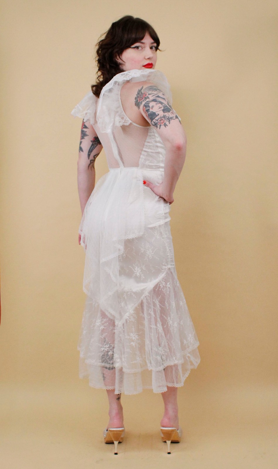 80s Vtg CLIMAX Karen Okada White Lace Angel Sleeve Dress Sheer Mesh Glam Mermaid