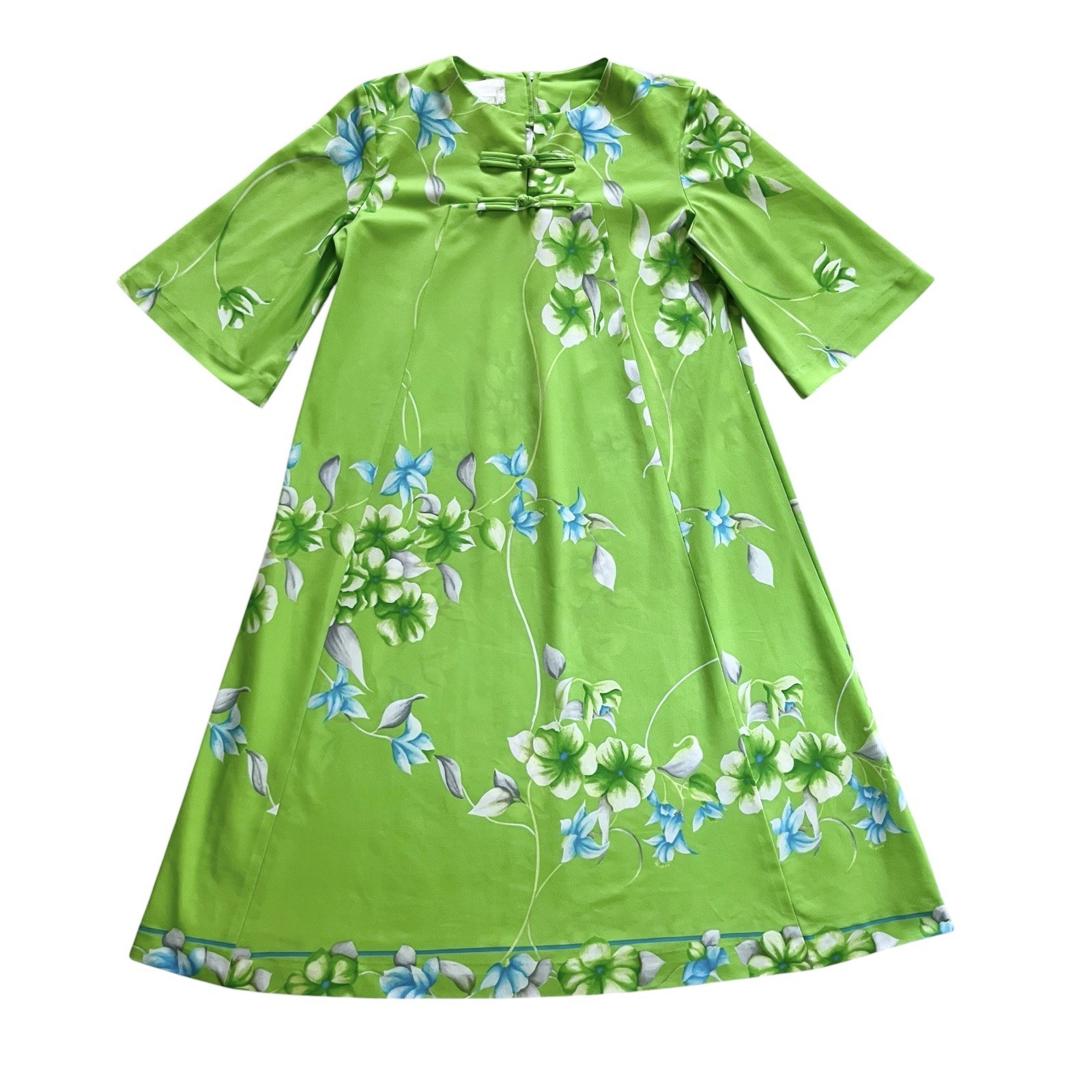 70s Vintage Green Floral Hawaiian Tent Dress Short Muumuu M/L