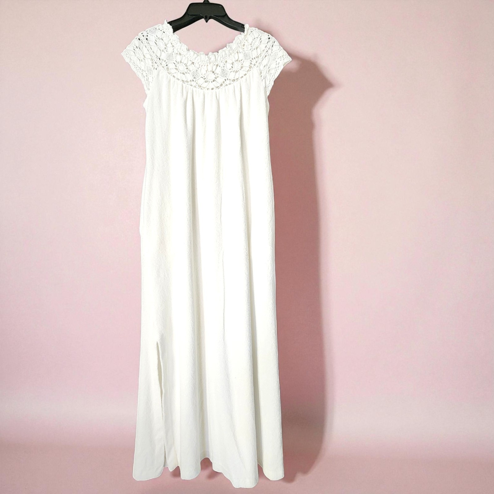 Vtg 80a Miss Elaine Terry Cloth Nightgown Maxi Dress Small White Crochet Lace
