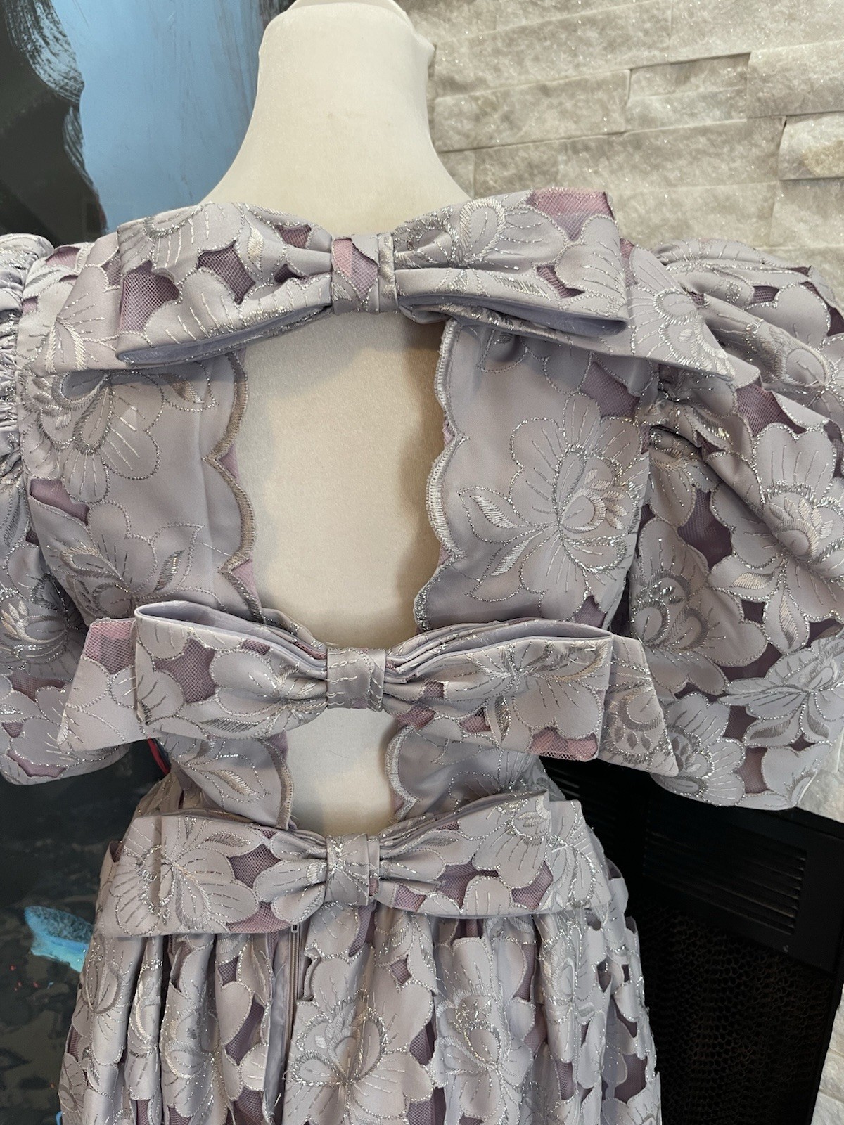 80s Handmade Floral Tea Cottagecore Dress Back Bows Full Skirt Metallic Vintage