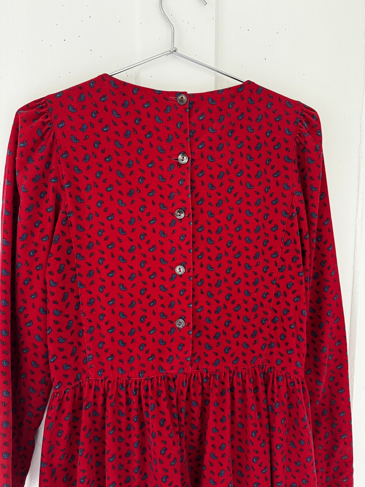 Vintage LAURA ASHLEY Red Paisley Corduroy Dress Square Collar UK 10 US 8