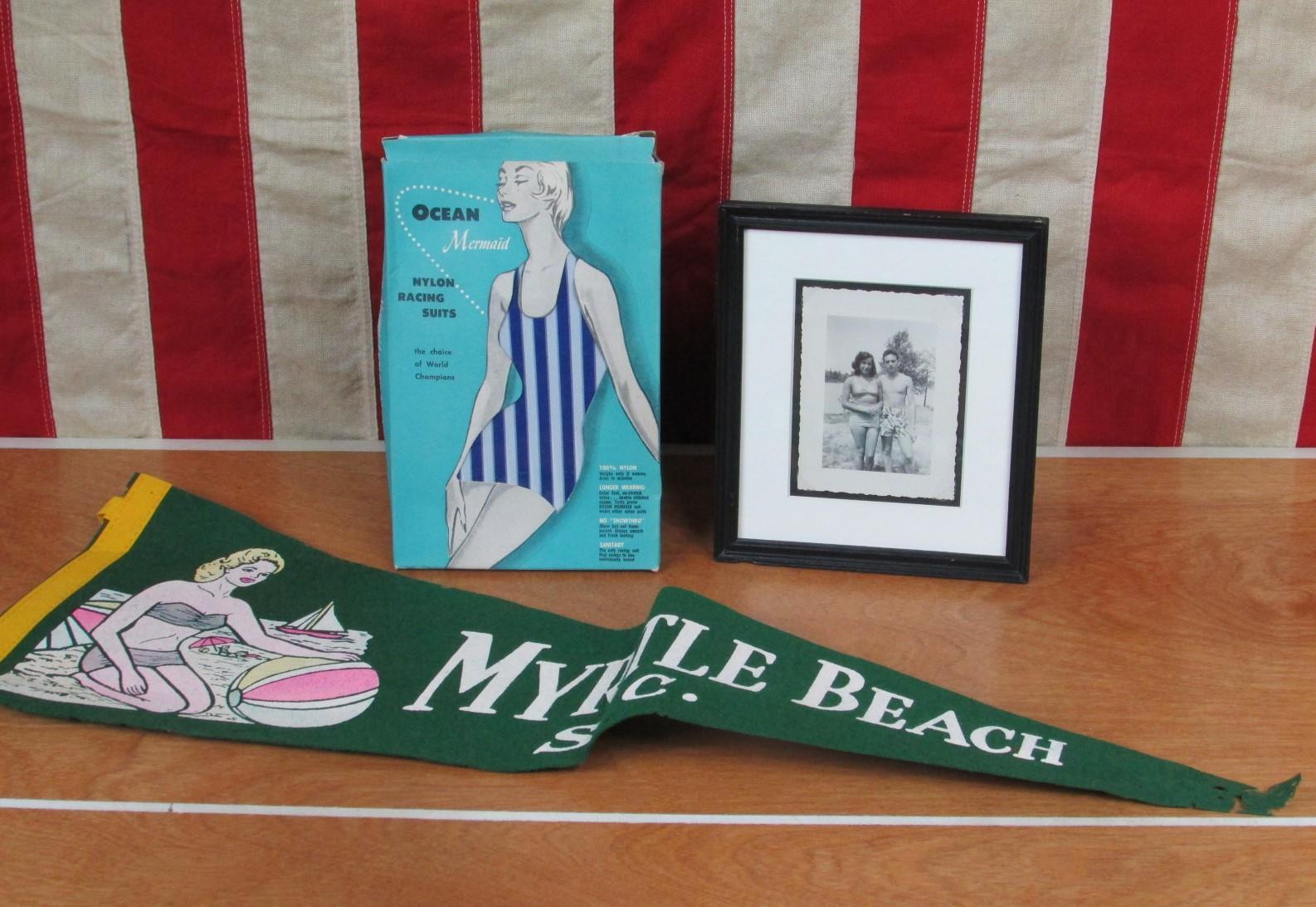 Vintage 1960s Ocean Mermaid Swimsuit NOS w/ Swim Couple Photograph Beach Pennant