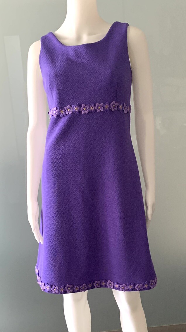Vintage 60s Emiliana Modell Lilac Jacquard Dress with Flowers Trim S/M