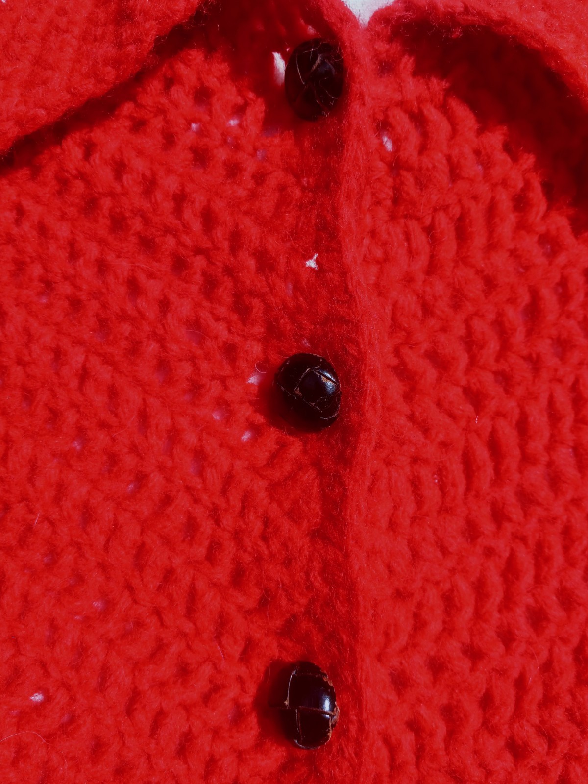 Vintage 70s Red Knit Collared Button Poncho Cape Fringe