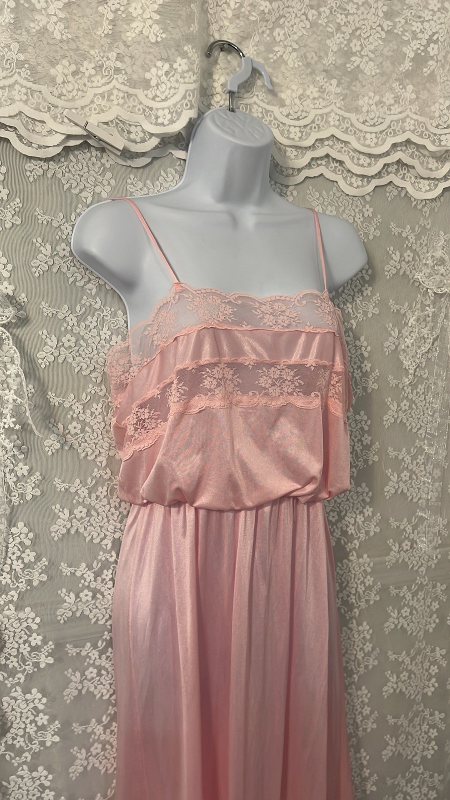 Vtg Pink FLAIR LINGERIE By Dianne Keesee NYLON LACE Satin NIGHTGOWN/Sz m