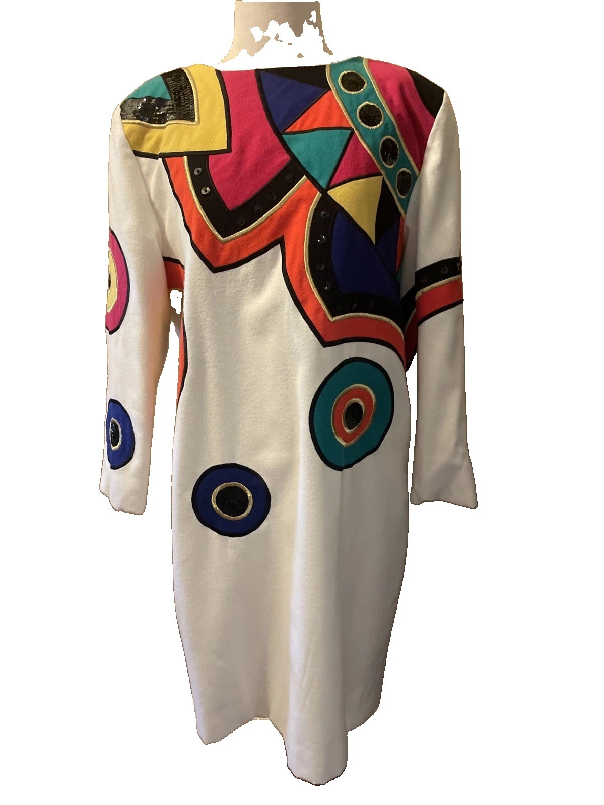 Vtg 80s IBE Geometric Color-block Appliqué Sequin Shift Dress Cream Sz 12