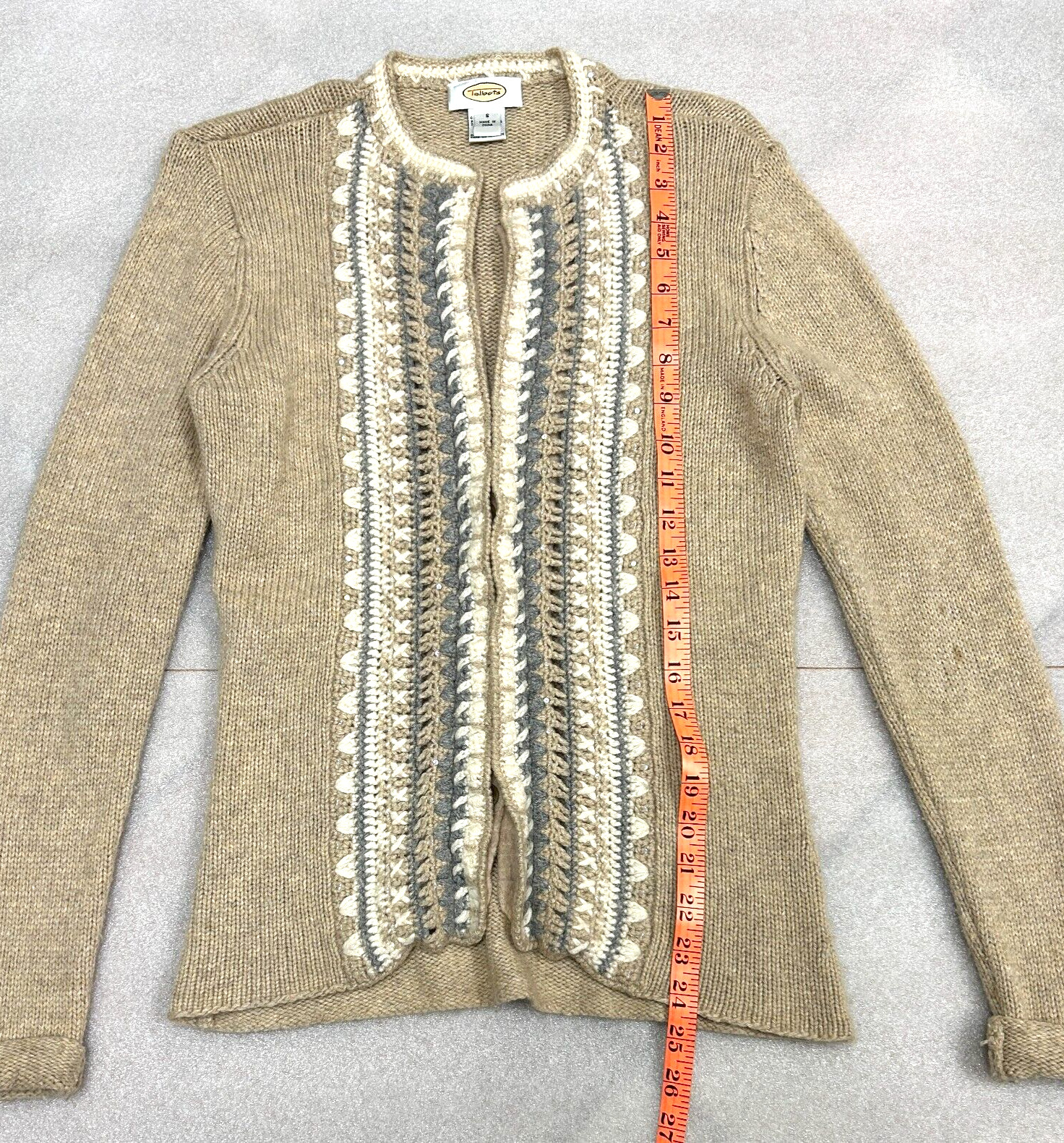 Vtg Talbots Cashmere Angora Wool Cardigan Sweater Embroidered Tan Gray Ivory, Sm