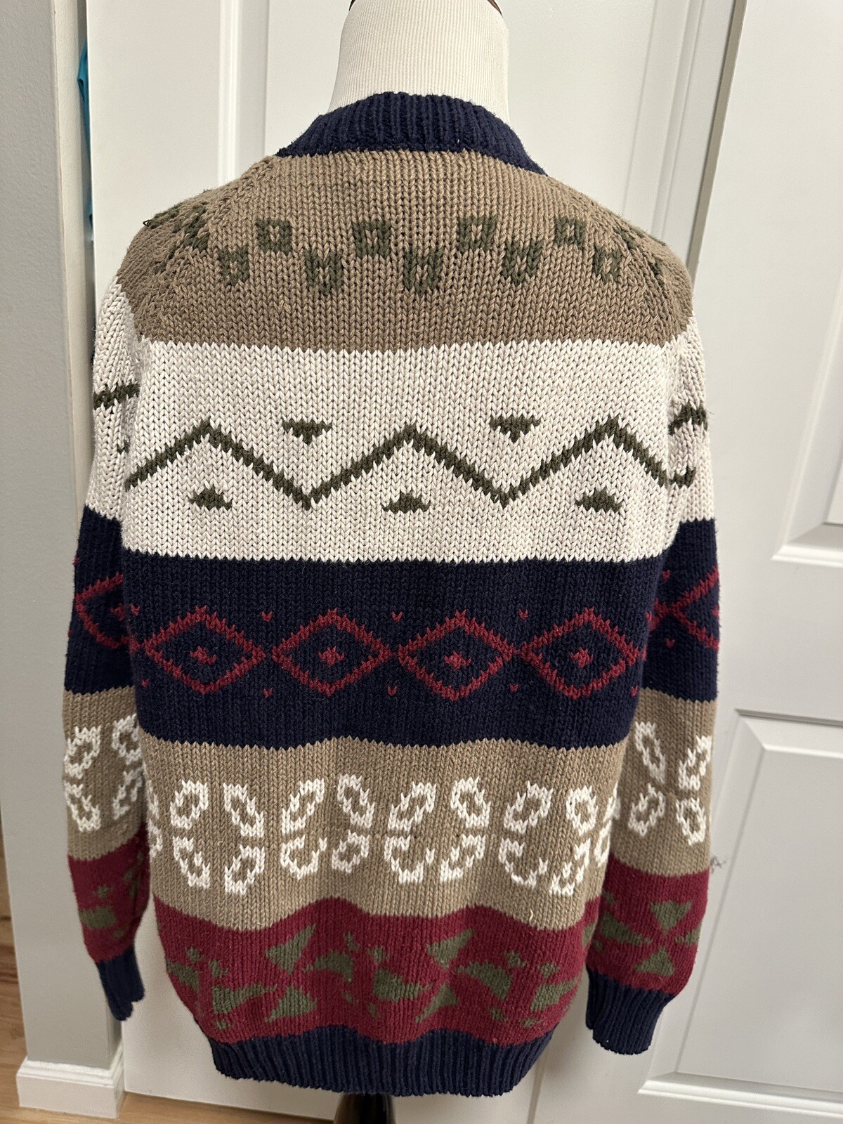 Vtg Patterned Blue Beige Red Green Cardigan Sweater 80’s Colorful Sz L Unisex