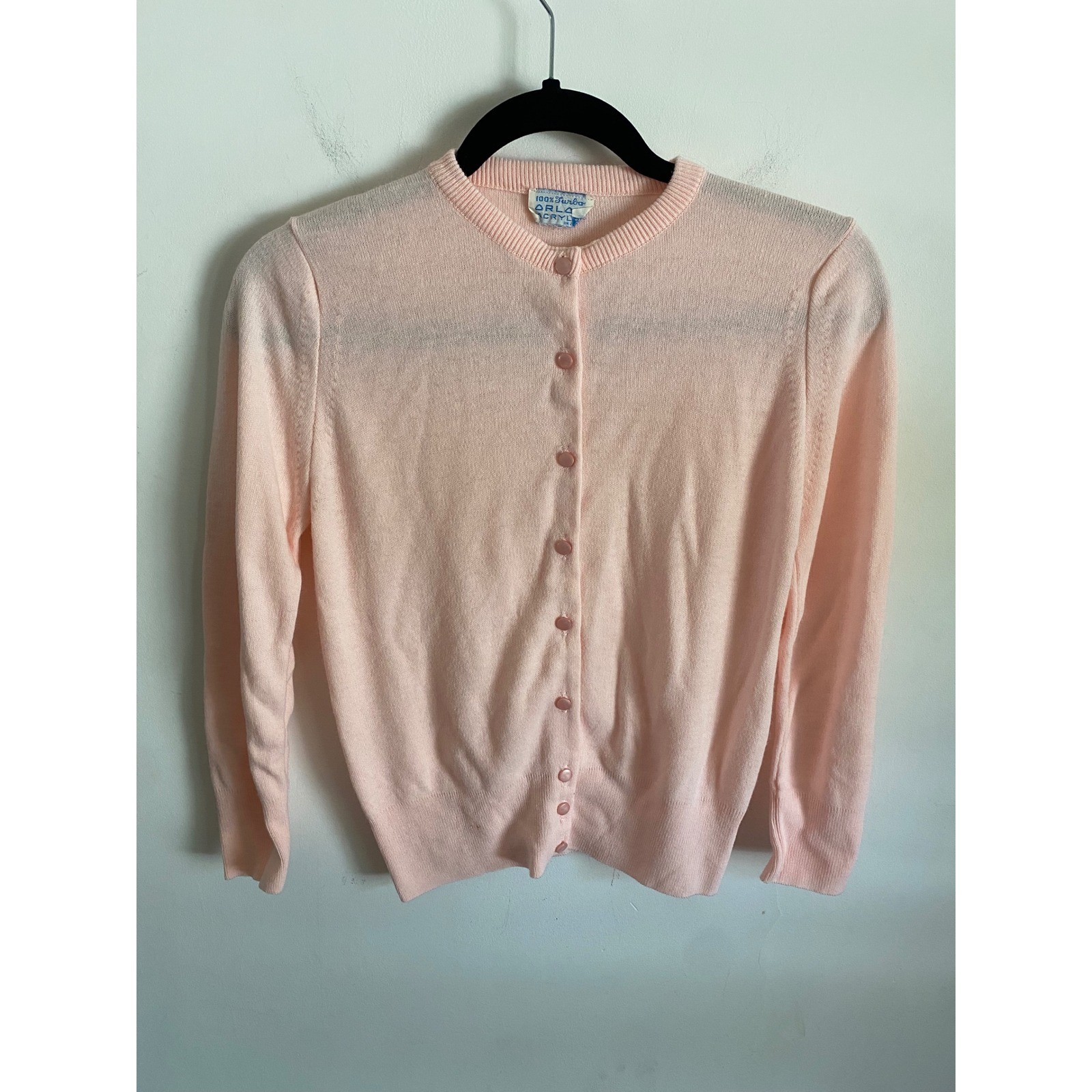 Vintage Deadstock Orlon Acrylic Light Pink Button Up Cardigan Sweater Crew Neck