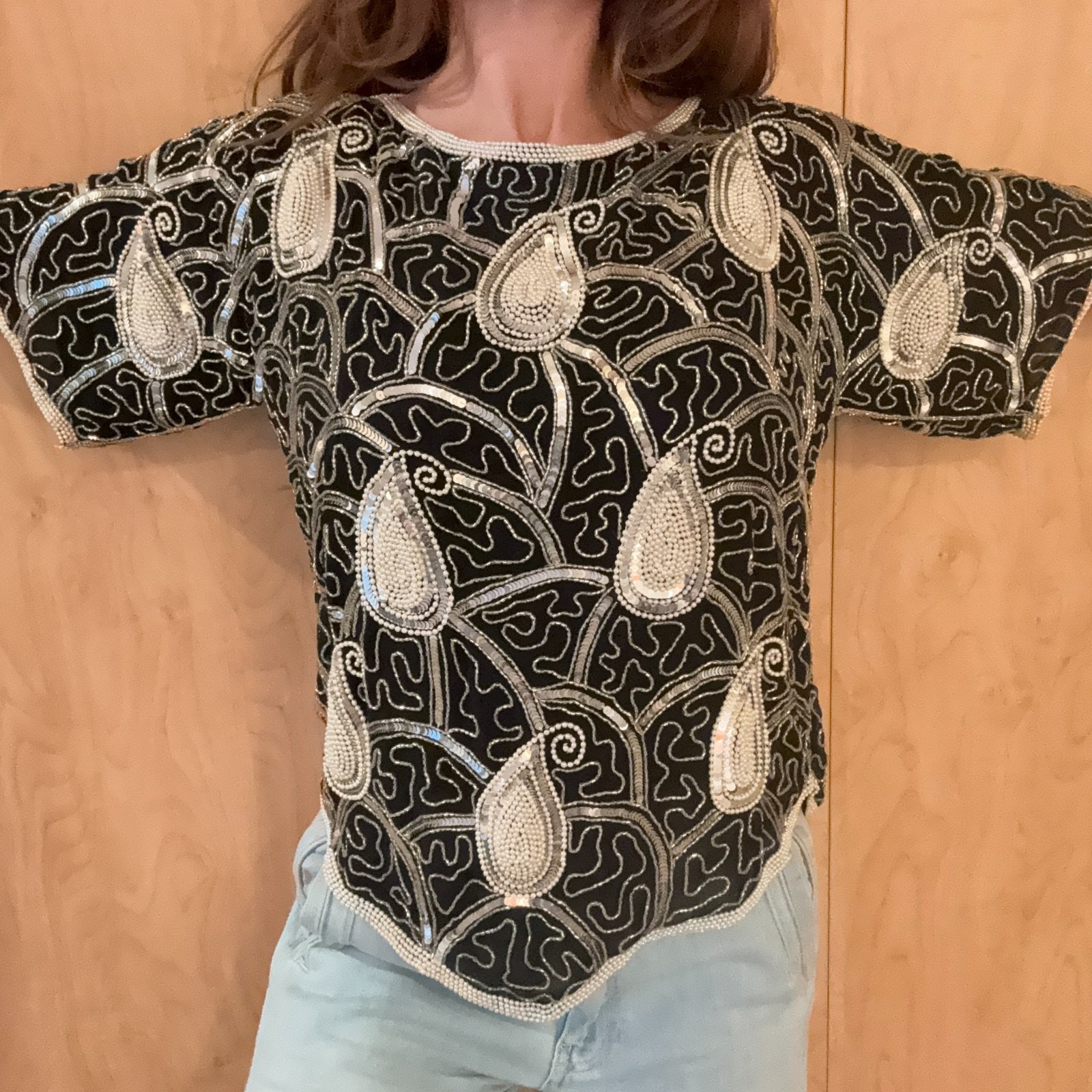 Vintage 80s Silk Beaded Blouse Statement Top Black Silver Pearl Sequins Sz S/M
