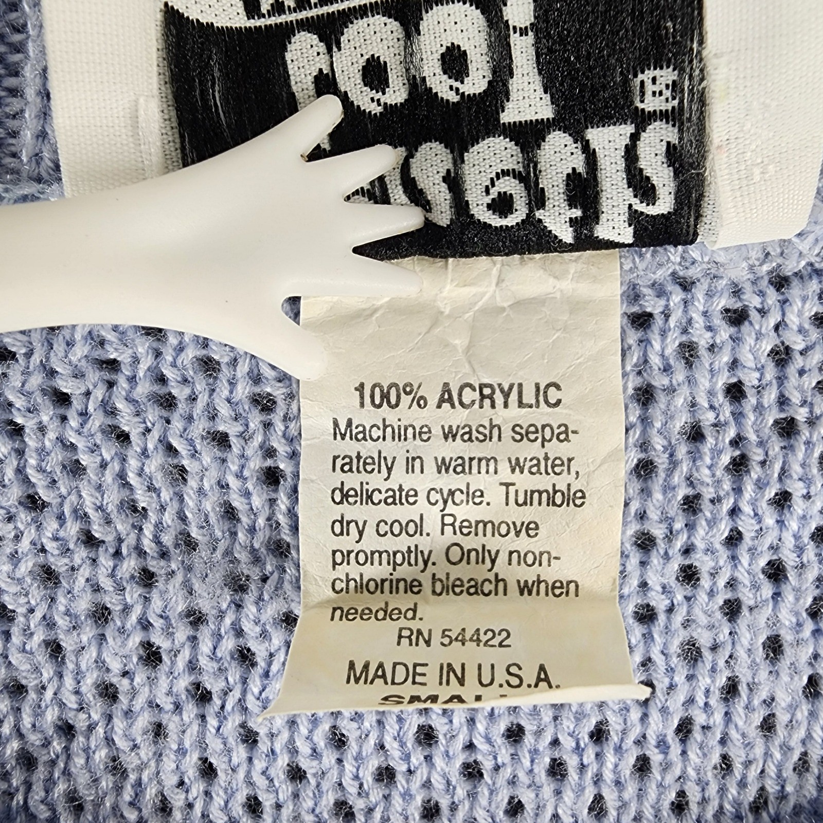 Keneth Too! Vintage Women Light Blue Pointelle Rose Short Sleeve Sweater Small