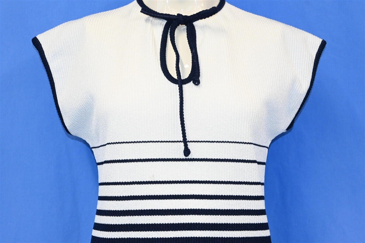 vintage 70s STAGE 7 BLUE WHITE STRIPE RIB KNIT POLY SLEEVELSS SHIRT WOMEN’S M