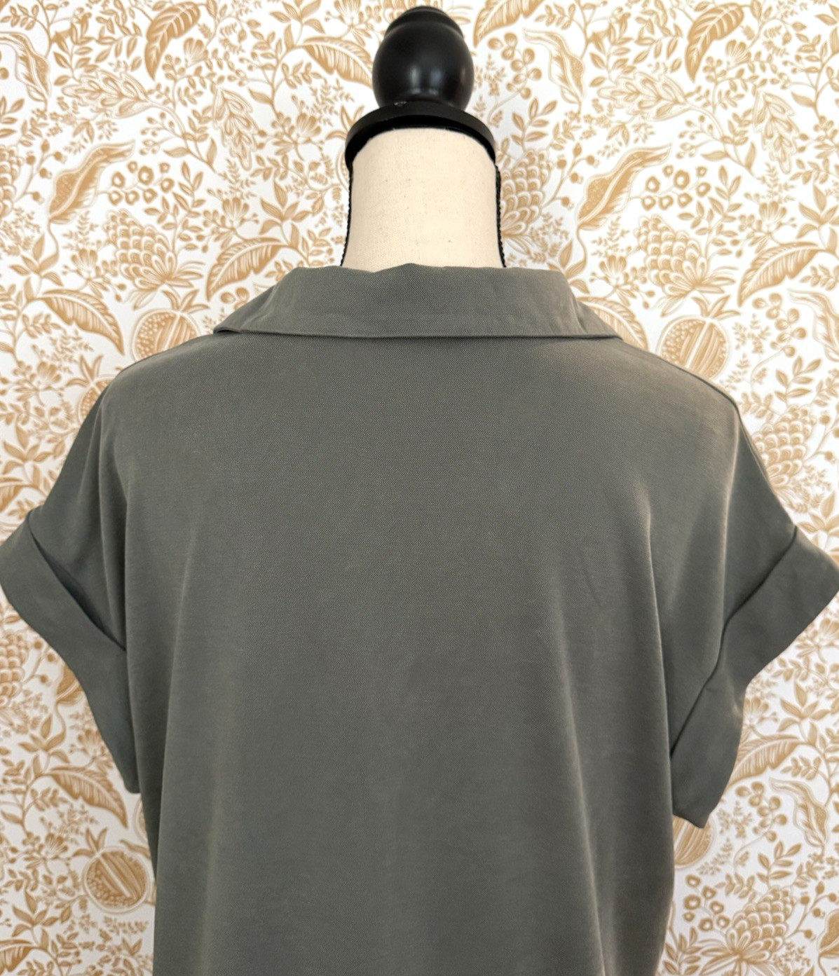 Ces Femme Women’s Olive Collared Oversized Midi Dress Size M Cuffed Sleeves Chic