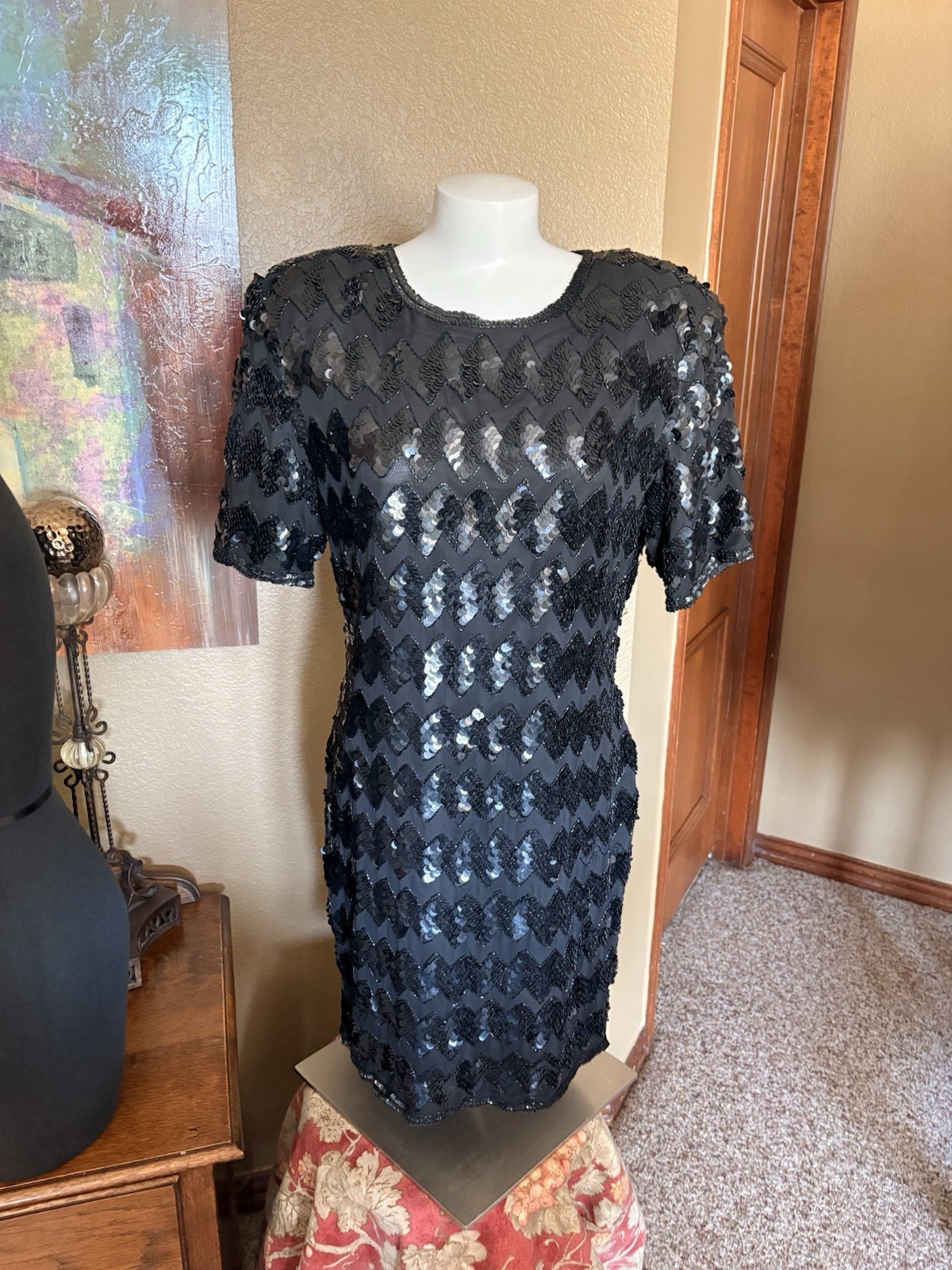 Stenay Vintage black Sequin Cocktail Dress (10) 100% Silk