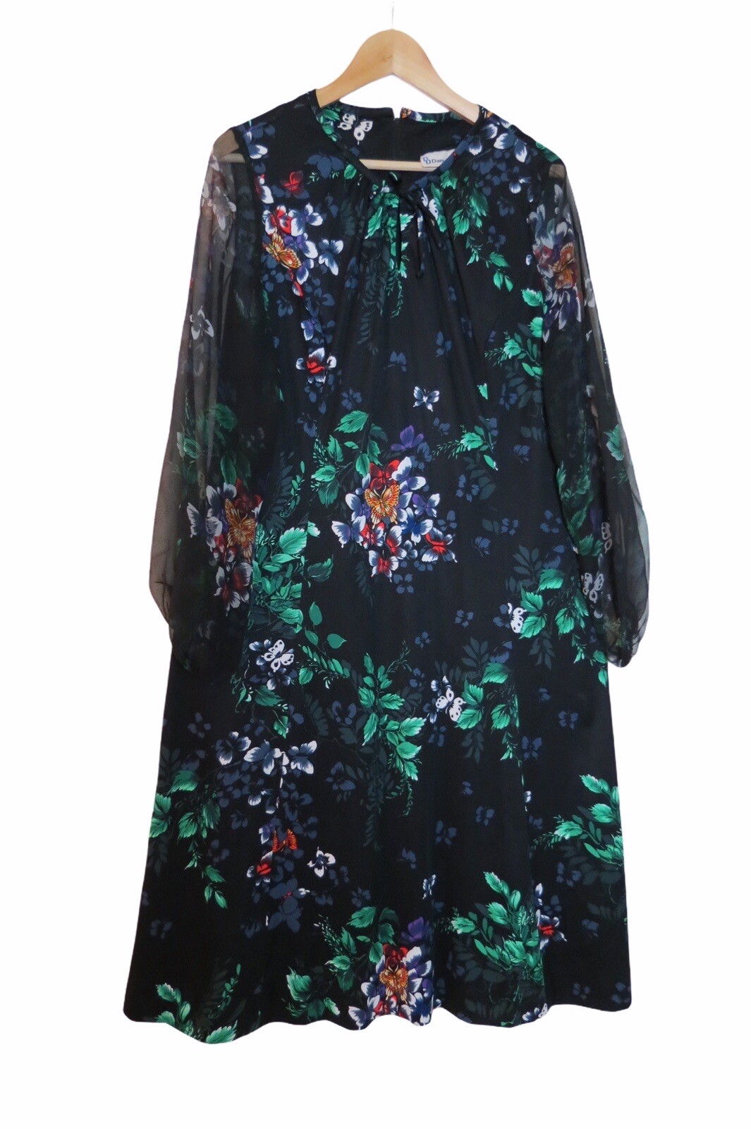 Vintage 70s Damon DD Polyester Floral Sheer Sleeves Hostess Dress L 8 10 0569