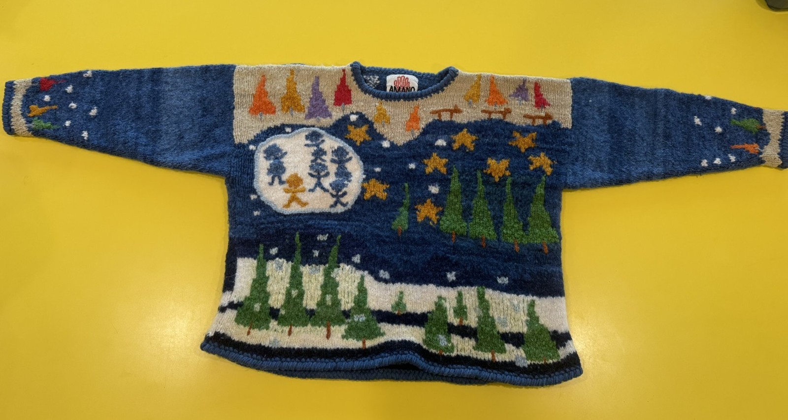 Vtg Amano Bolivian Wool Hand Knit Sweater Christmas Trees Stars Night Sky Aymara