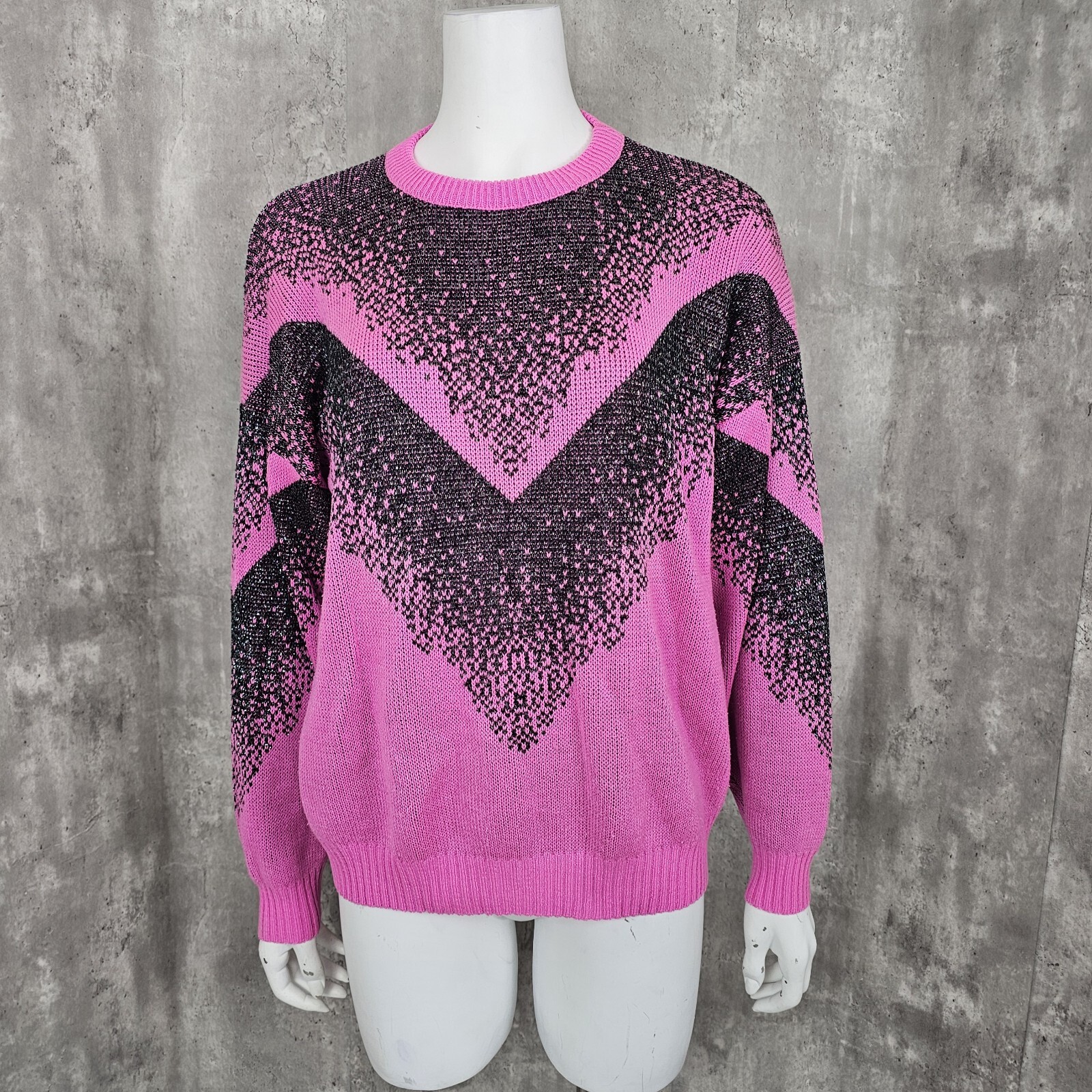Vintage 80s 90s Metallic Black Hot Pink Polyacry Knit Pullover Sweater Glam