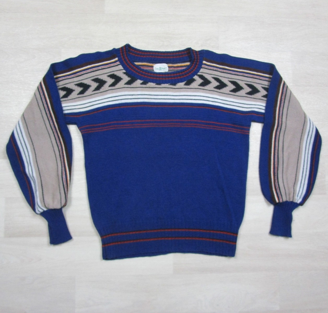 Vintage 60s Sears JR Bazaar Sweater Womens (L) Long Bishop Sleeve Blue Boho MCM