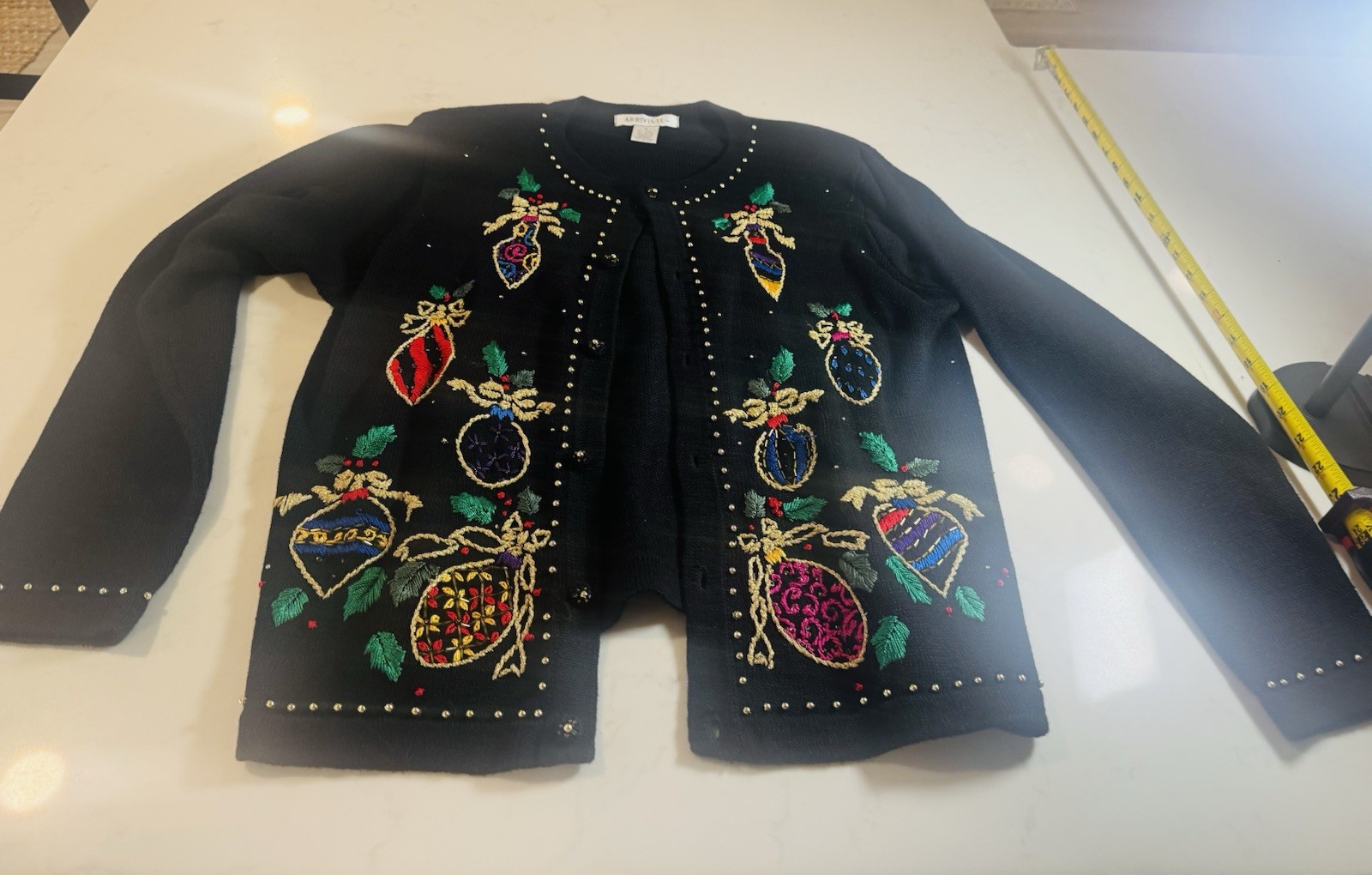 Arriviste Christmas Sweater Women’s M Black Embroidered Ornament Beaded Cardigan