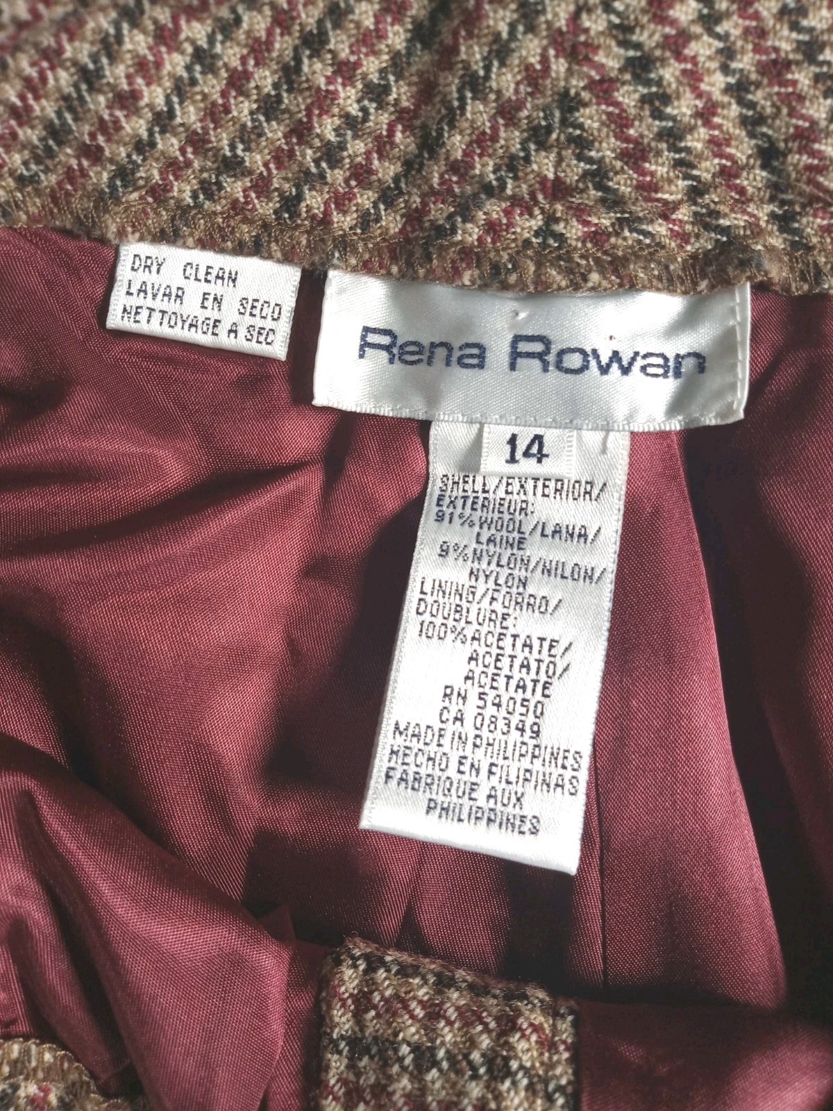 Vintage Rena Rowan Plaid Wool Skirt Size 14 Dark Academia 90s Tweed 32W X 30L
