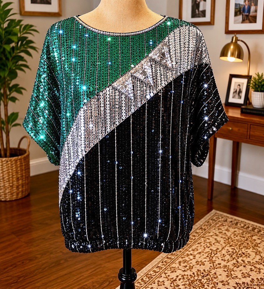 VTG 80s Swee Lo 100% Silk Sequin Color Block Blouse Top Womens Blouson Green OSF