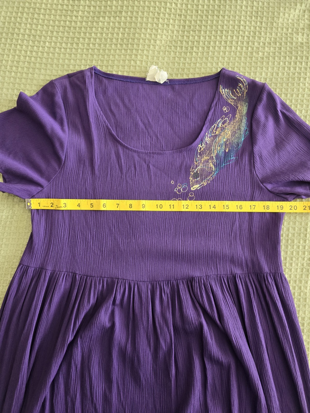 Vintage 80s 90s Purple Rayon Dress Hand Painted Fish Womens Large XL Whimsical
