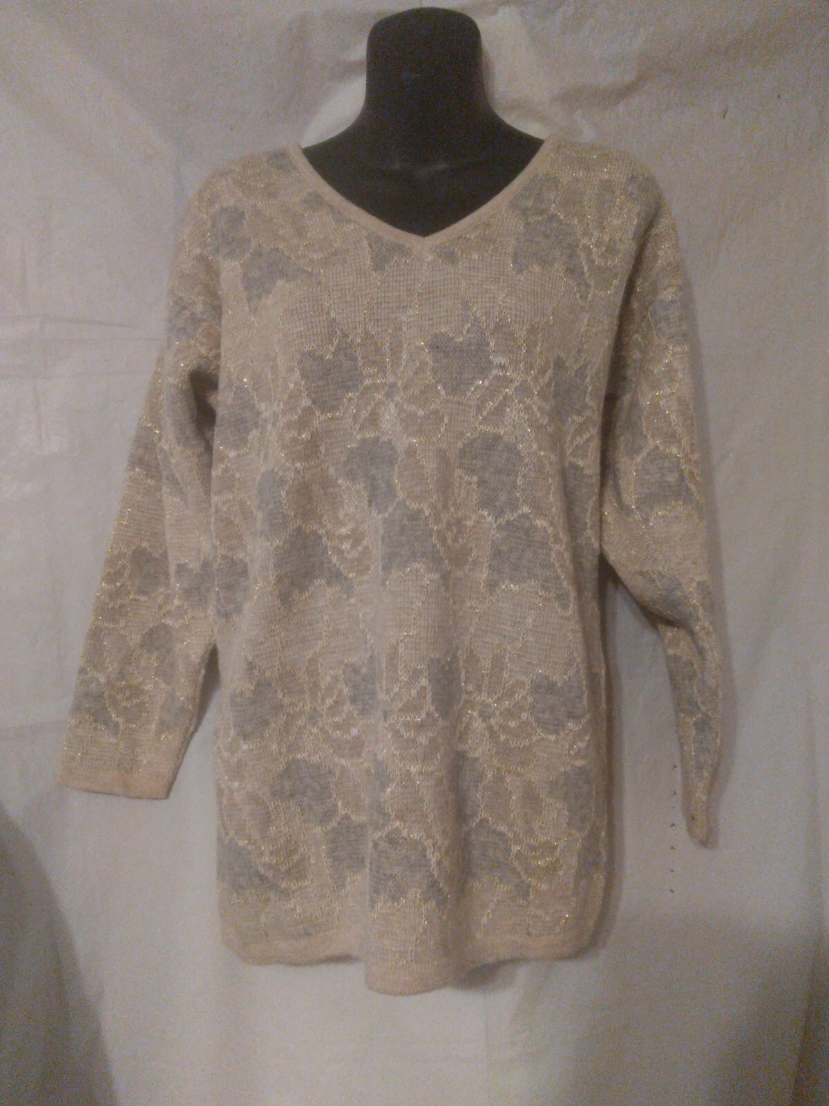 80s Vintage Gold Floral Pullover Sweater Acrylic Metallic -38″ Bust Medium