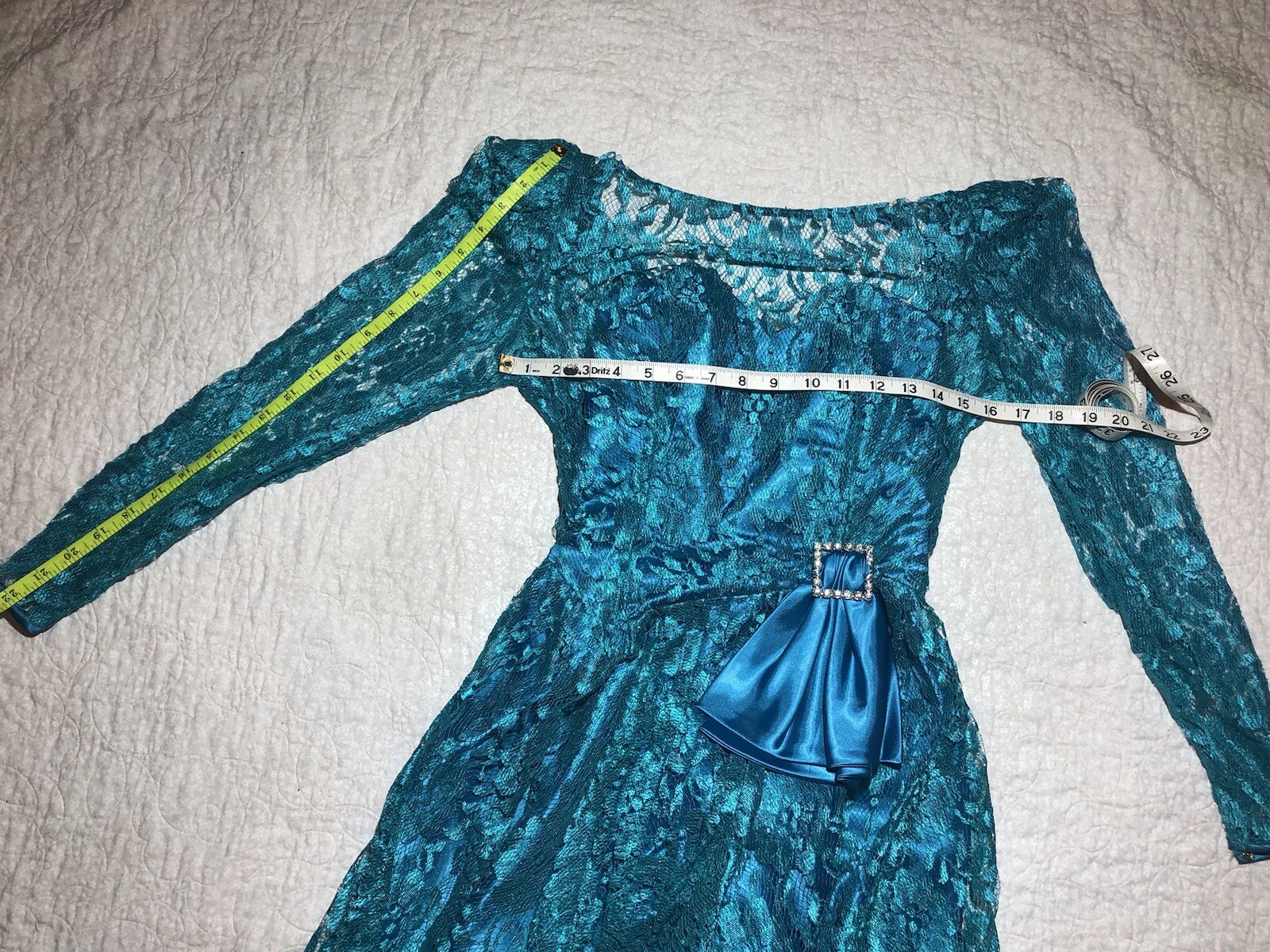 Vintage 80’s Lace Over Satin Teal Tea/Party Prom Dress Satin Bow Bling Sz 6 XS