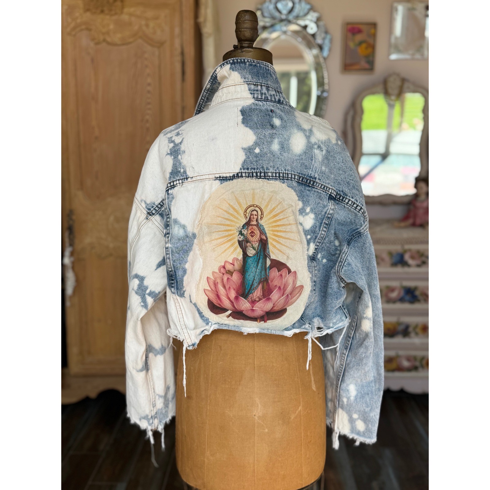 OOAK Distressed Bleached Denim Sacred Heart Lotus Cropped Jacket M