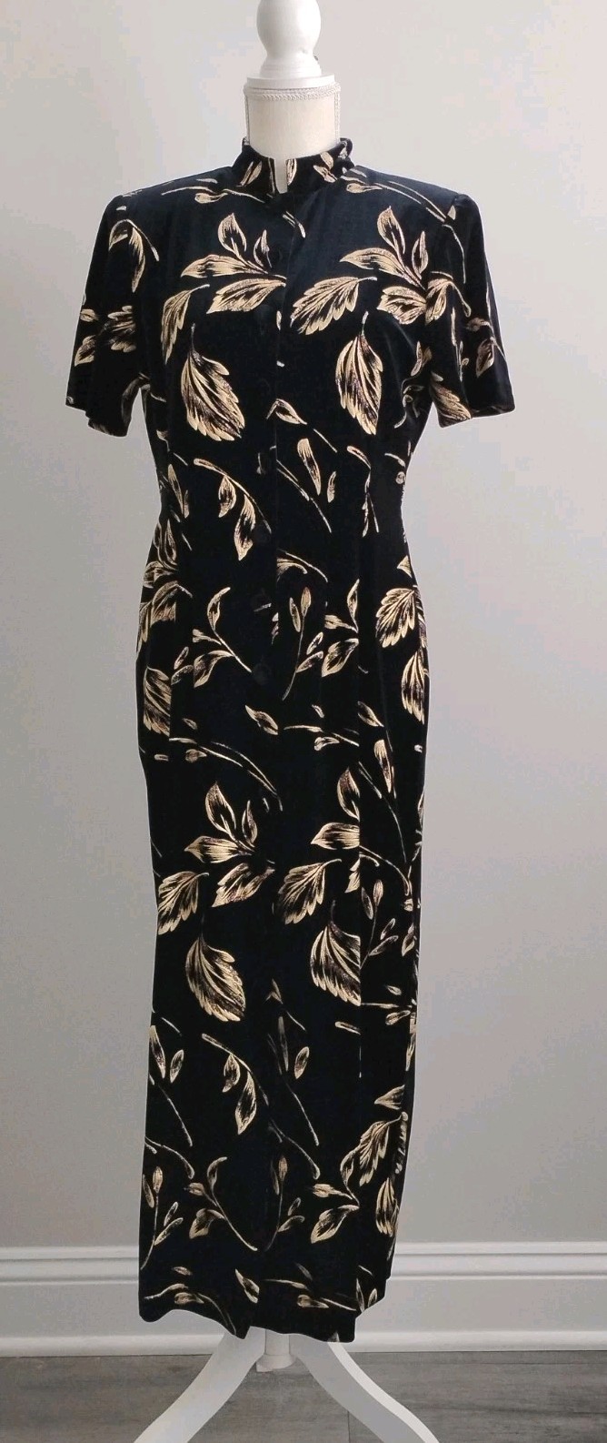 Another Thyme Velvet Gold Black Maxi Dress Mandarin Collar Vintage Size 10 Y2K