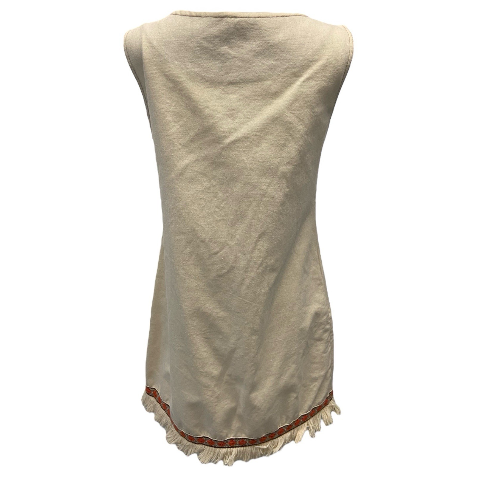 VTG 60s/70s Gilead White Beige Linen Embroidered Fringe Dress Shift Dress Sz M