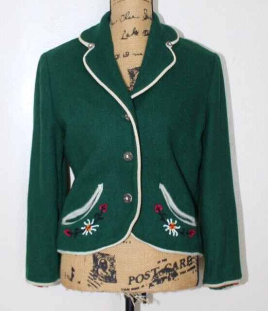 Vintage 50s Petti Glen Green Wool Embroidered Button Blazer Junior S
