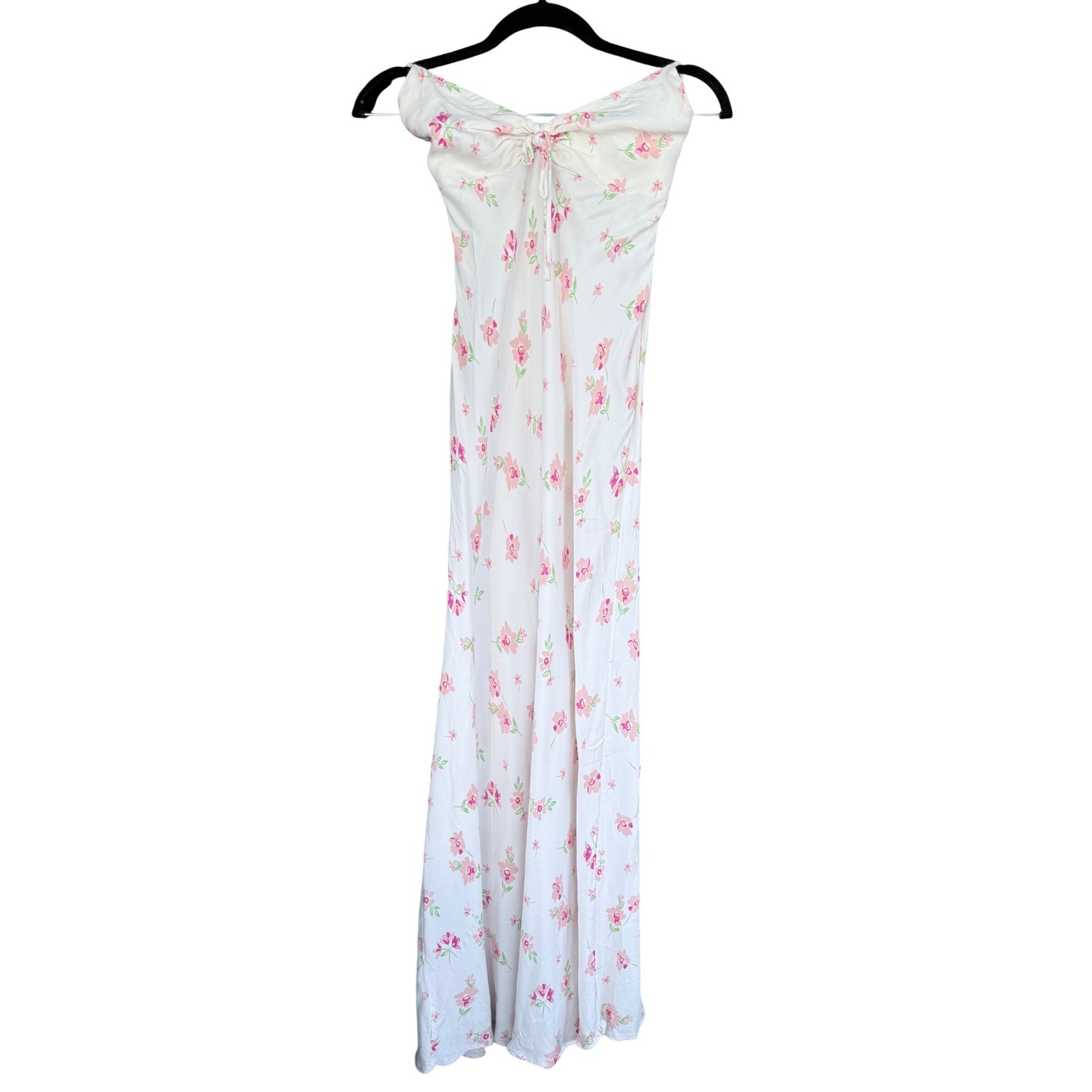 A6 Vintage Slip Dress Pink Floral Tie Front Maxi Sweetheart 90s Cottagecore